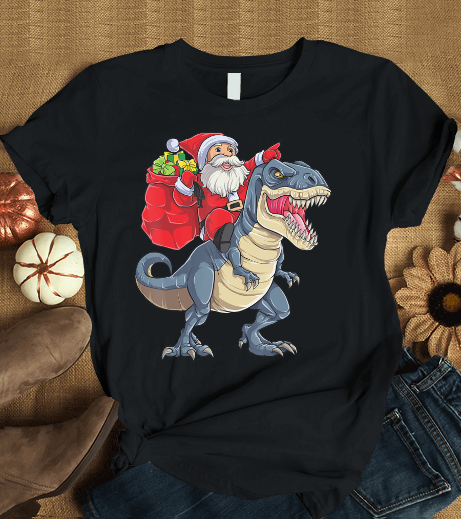 Santa Riding Dinosaur Rex Christmas T-Shirt