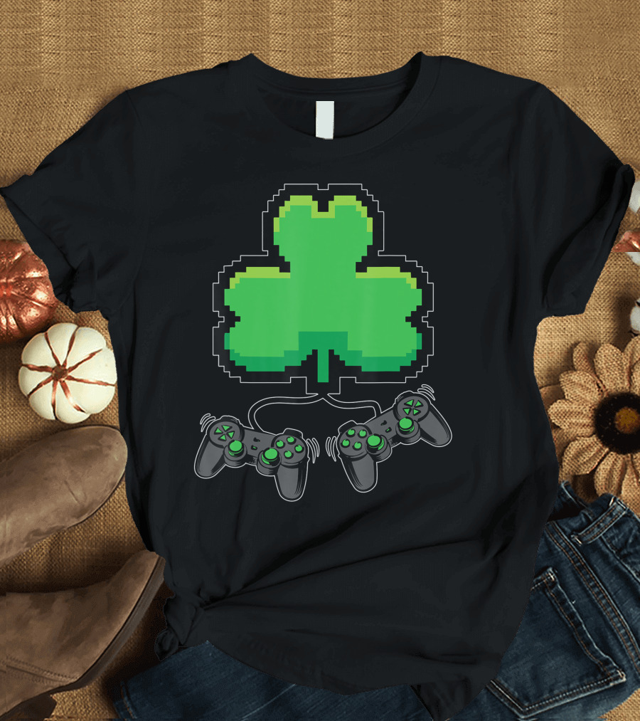 Shamrock Pixel Art Video Game Controller Duo T-Shirt
