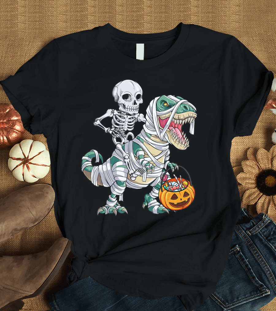 Skeleton Riding Mummy T-Rex Carrying Pumpkin Basket T-Shirt