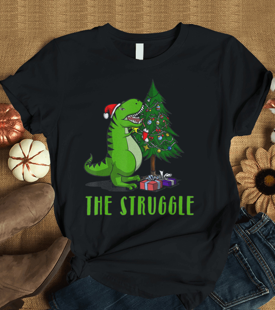 T Rex Santa The Struggle Is Real Christmas Tree T-Shirt