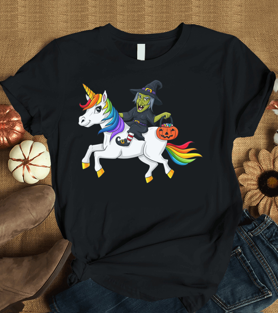 Witch on Rainbow Unicorn with Pumpkin Halloween Girls T-Shirt