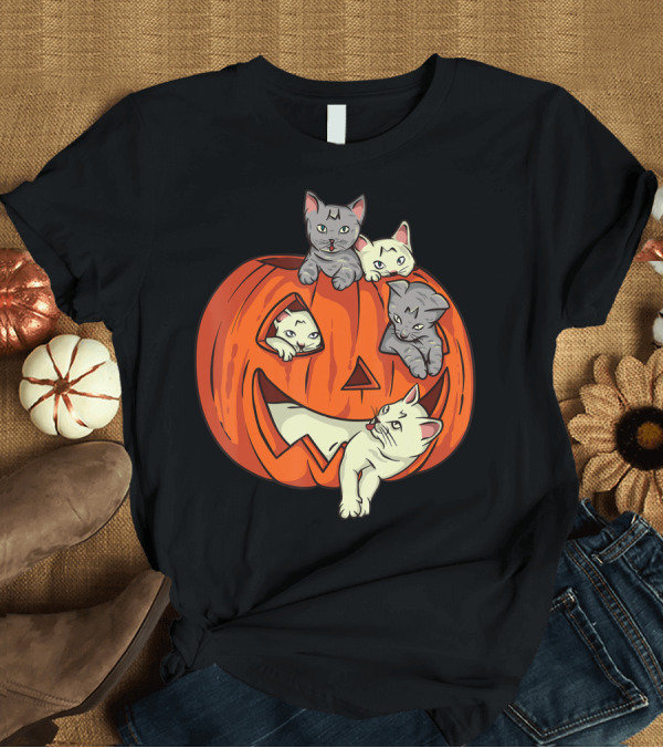 T-Shirt: Cats Pumpkin Carved Jack O Lantern Cat Kittens Halloween T-Shirt Cats Pumpkin Carved Jack O Lantern Cat Kittens Halloween T-Shirt