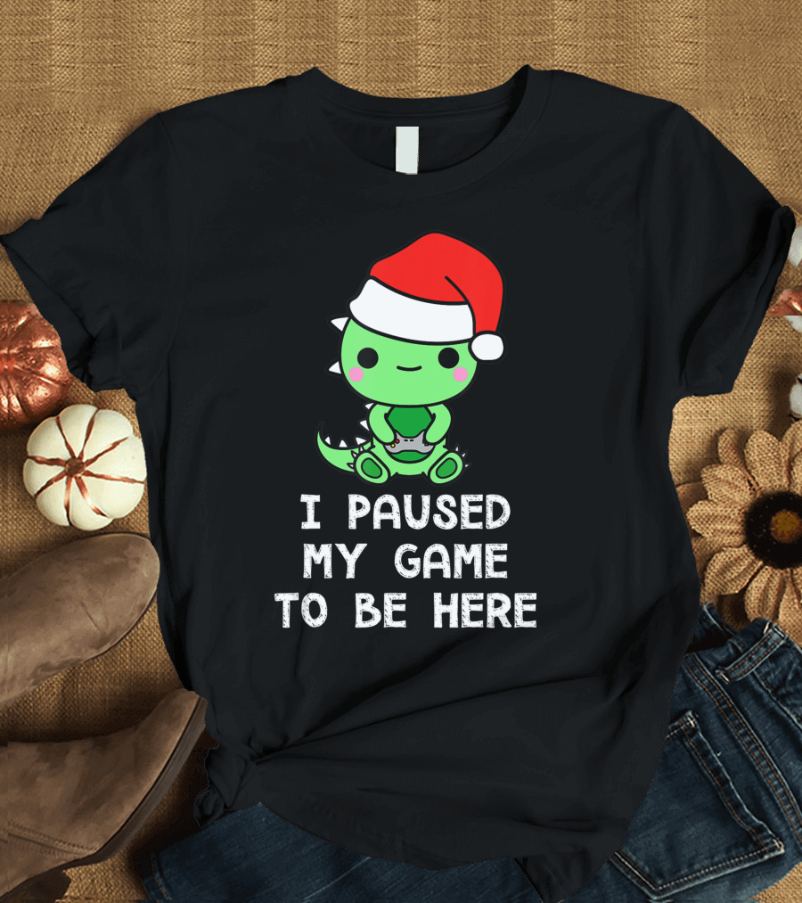 I Paused My Game To Be Here Cute Dinosaur Gamer with Santa Hat T-Shirt