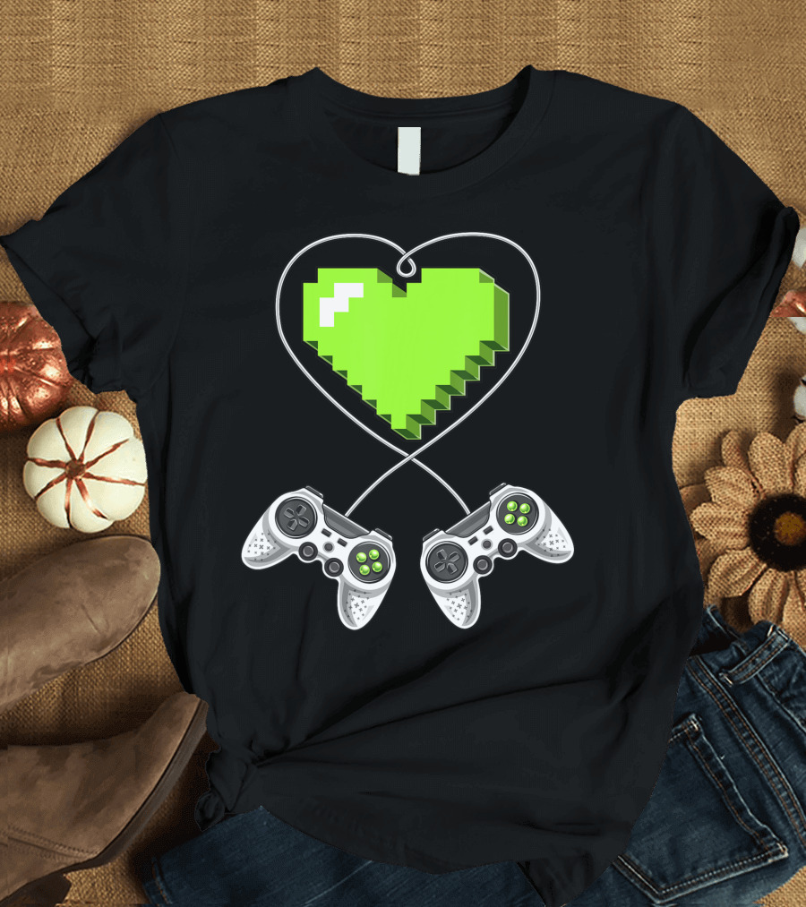 Valentines Day Green Pixel Heart with Video Game Controllers Gamer T-Shirt
