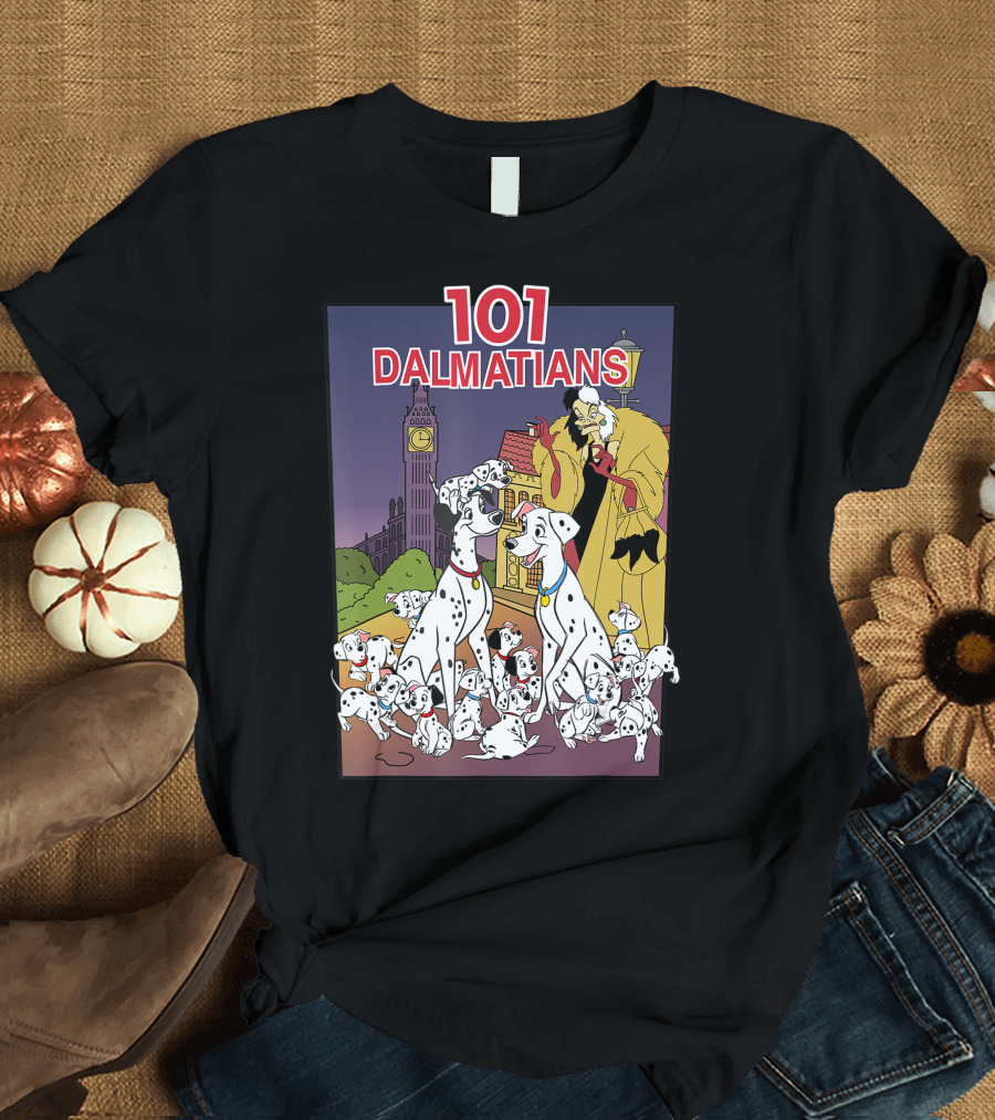 101 Dalmatians Group Shot Cruella London Backdrop Vhs Cover T-Shirt