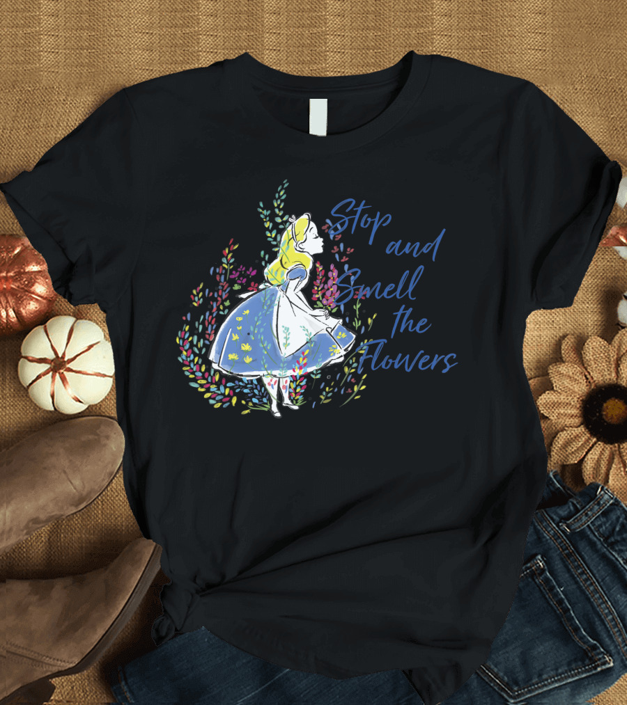 Disney Alice In Wonderland Stop And Smell The Flowers Whimsical Floral Scene T-Shirt