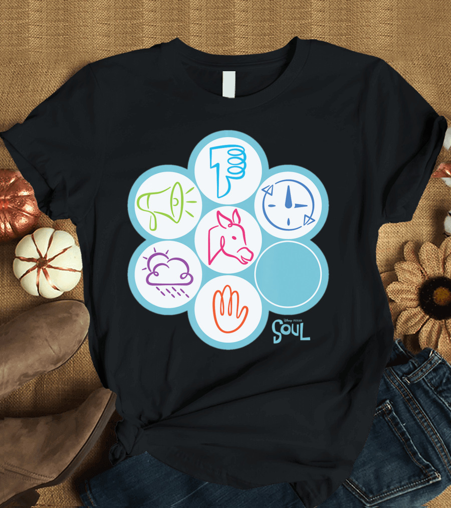 Disney Pixar Soul 22 Earth Pass Icons Thumbs Down Megaphone Compass Rain Cloud Horse Hand T-Shirt