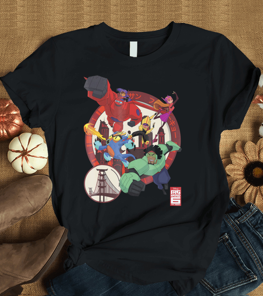 Disney Big Hero 6 TV Series Team Circle with Baymax and City Background T-Shirt