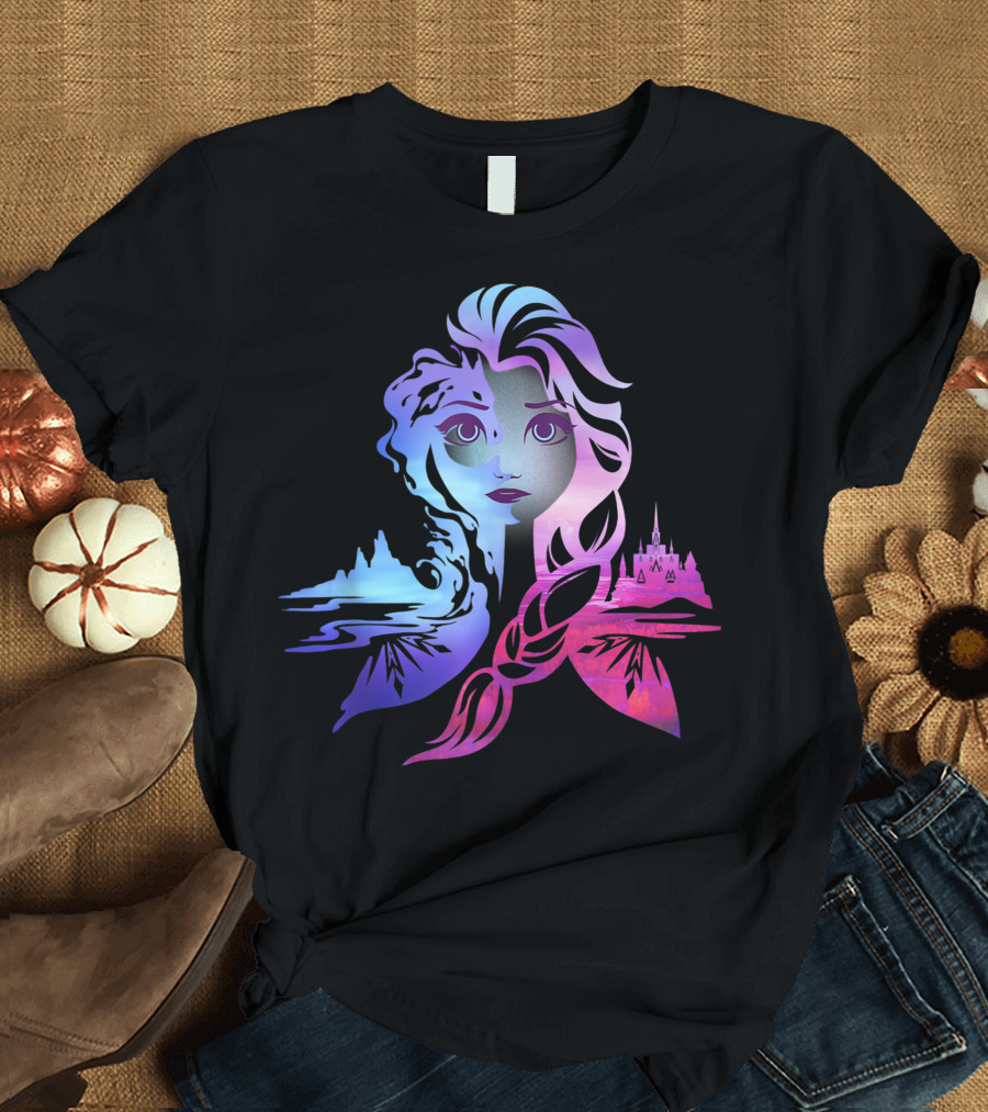 Disney Frozen 2 Elsa Castle Landscape Two Tone Gradient T-Shirt