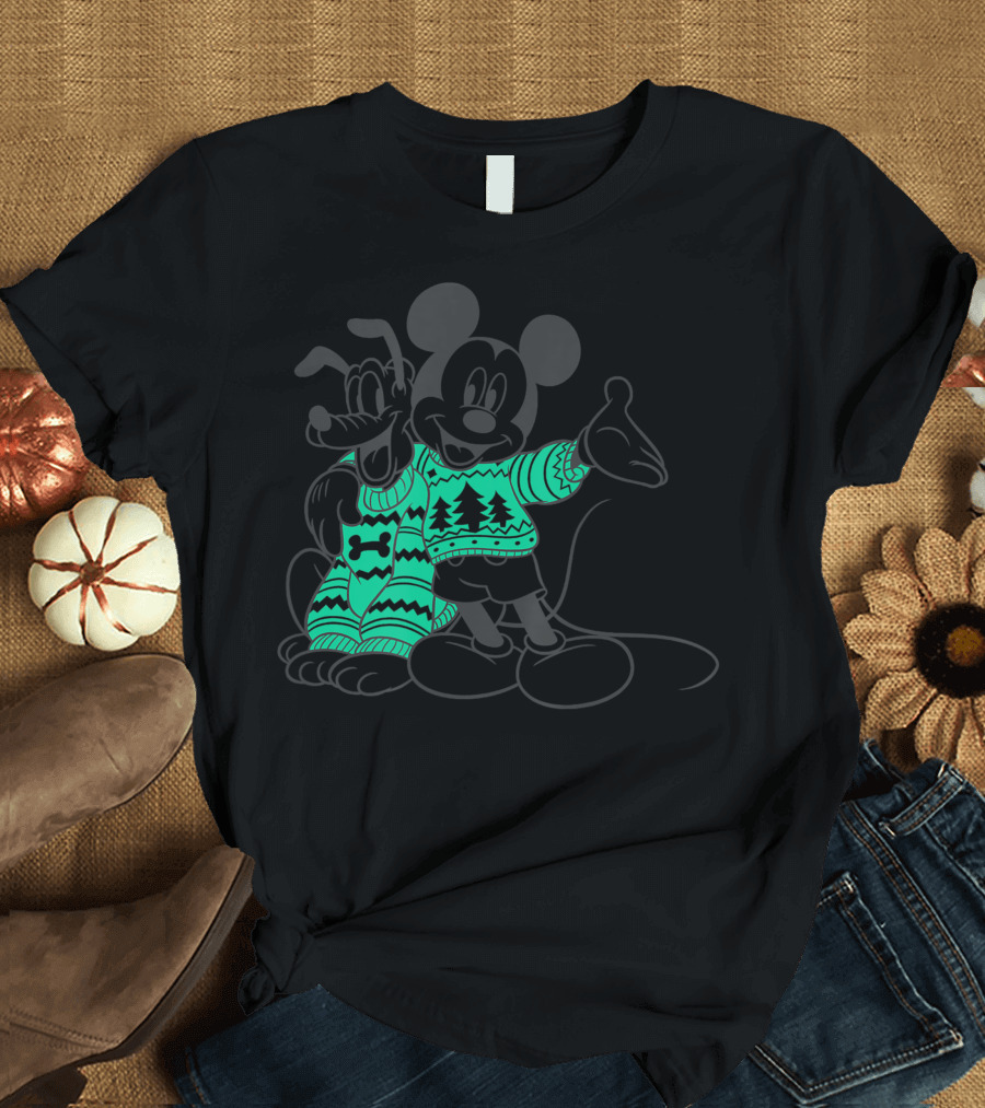 Disney Mickey Pluto Christmas Sweater Outline T-Shirt