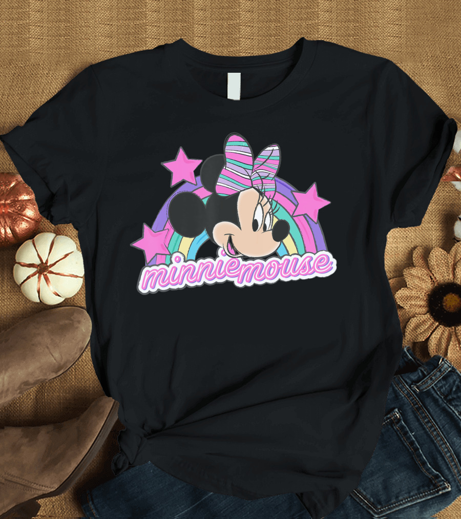 Disney Minnie Mouse Rainbow Stars Pink Bow T-Shirt