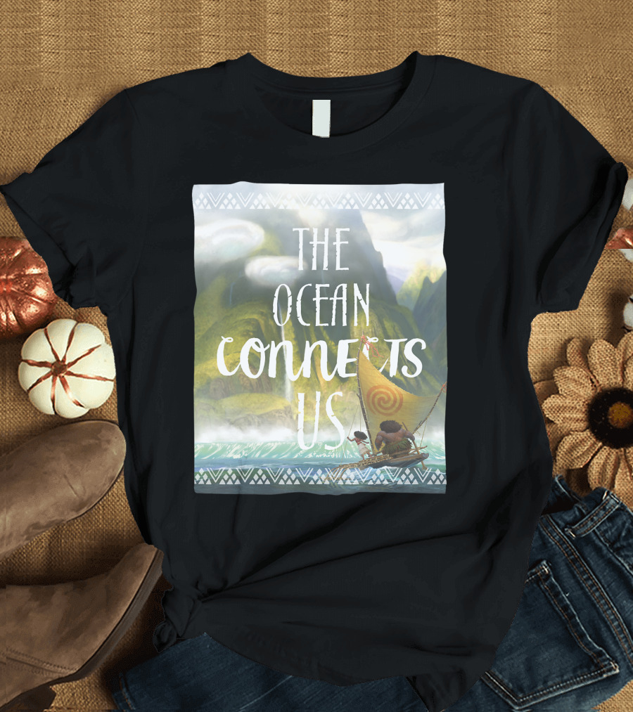 Disney Moana The Ocean Connects Us Tribal Journey with Boat and Mountains T-Shirt
