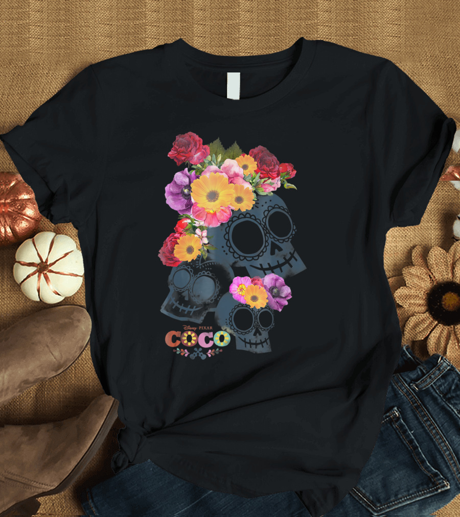 Disney Pixar Coco Floral Skulls with Colorful Flowers Calaveras T-Shirt