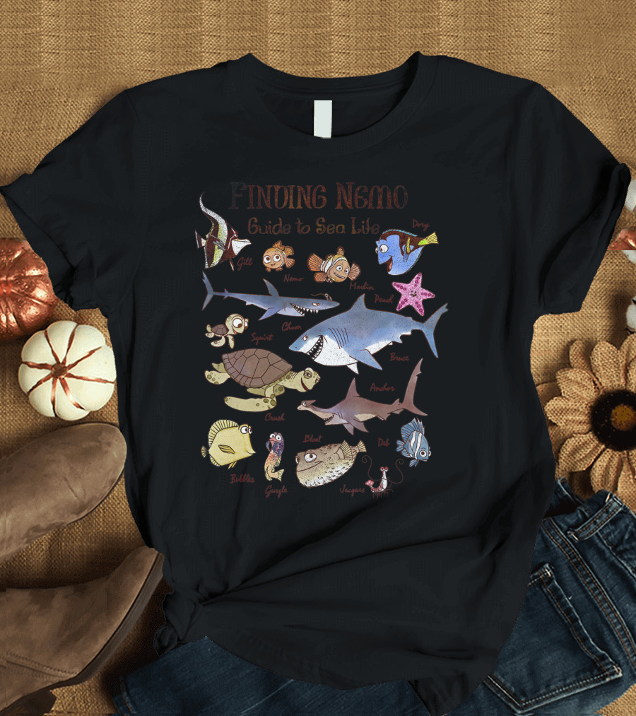 Finding Nemo Sea Life Guide with Gill, Nemo, Marlin, Pearl, Squirt, Crush, Anchor, Bubbles, Jacques T-Shirt