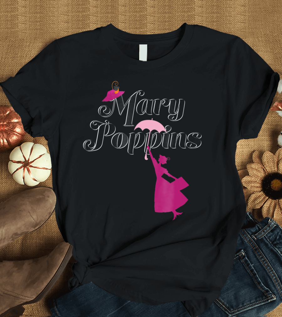 Mary Poppins Pink Silhouette with Umbrella and Hat T-Shirt