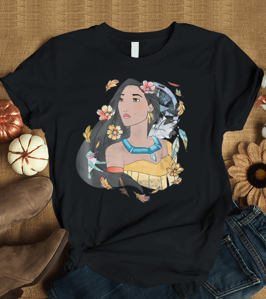 Disney Pocahontas Watercolor Dreamcatcher Flowers Leaves and Feathers T-Shirt