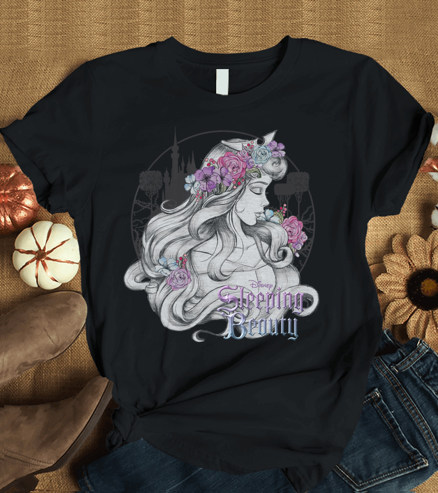 Disney Sleeping Beauty Floral Sketched Portrait with Flowers T-Shirt