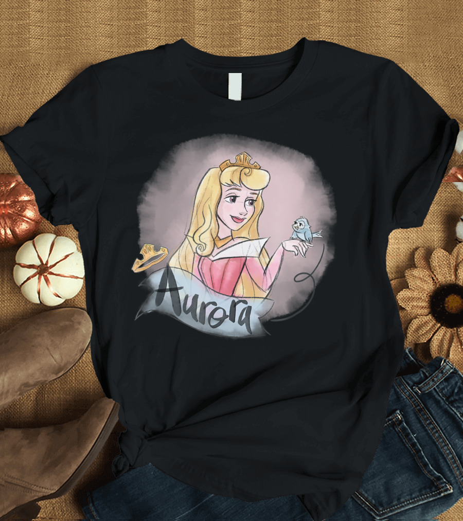 Princess Aurora in Pink Dress with Crown and Bluebird T-Shirt