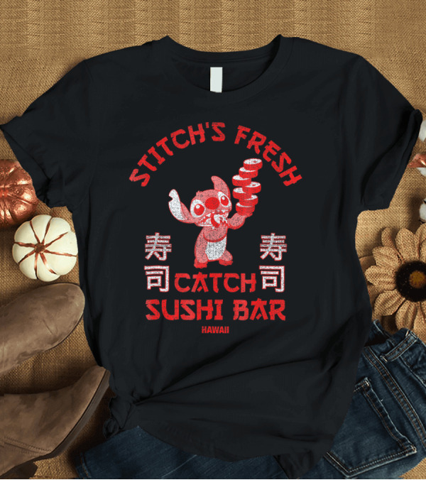 T-Shirt: Stitch's Fresh Catch Sushi Bar Hawaii Sushi Character Holding Sushi Rolls T-Shirt Stitch's Fresh Catch Sushi Bar Hawaii Sushi Character Holding Sushi Rolls T-Shirt