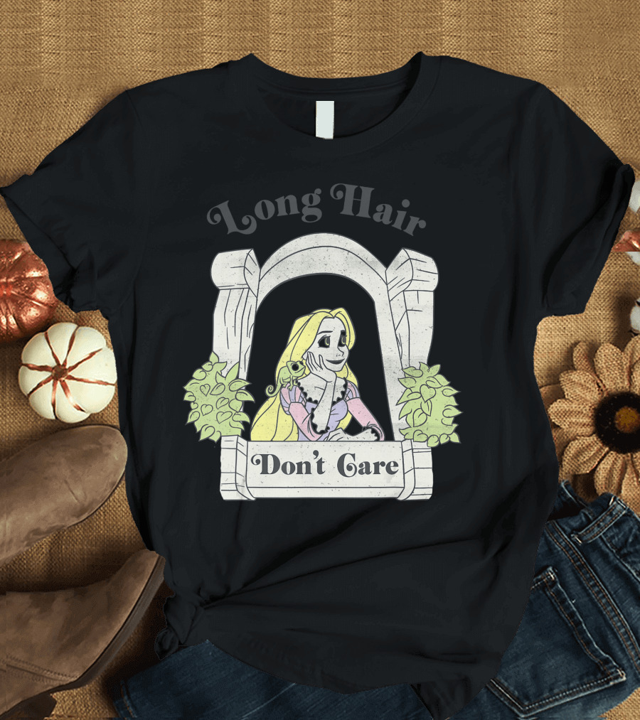 Disney Tangled Rapunzel Long Hair Don't Care in Tower Window with Pascal T-Shirt