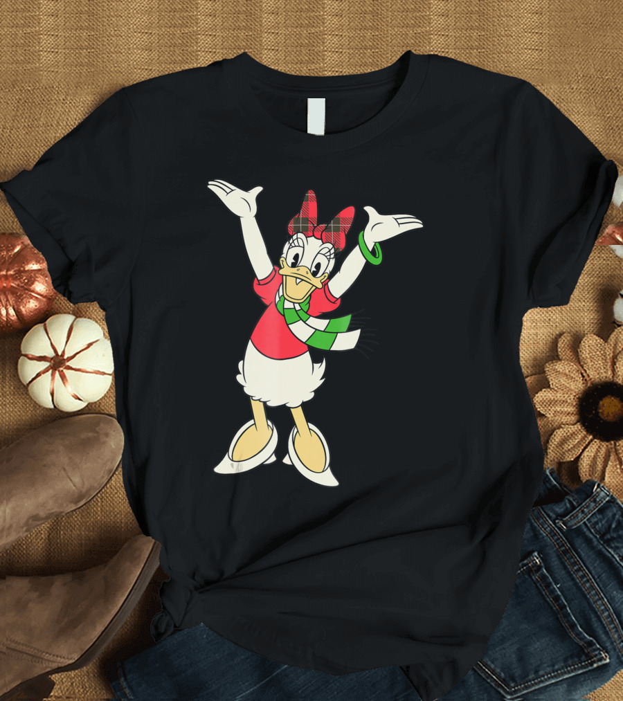 Disney Vintage Daisy Duck Festive Holiday Cheer with Plaid Bow and Green Striped Scarf T-Shirt