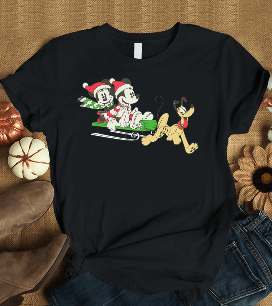 Disney Vintage Mickey Minnie Pluto Holiday Sleigh Ride T-Shirt