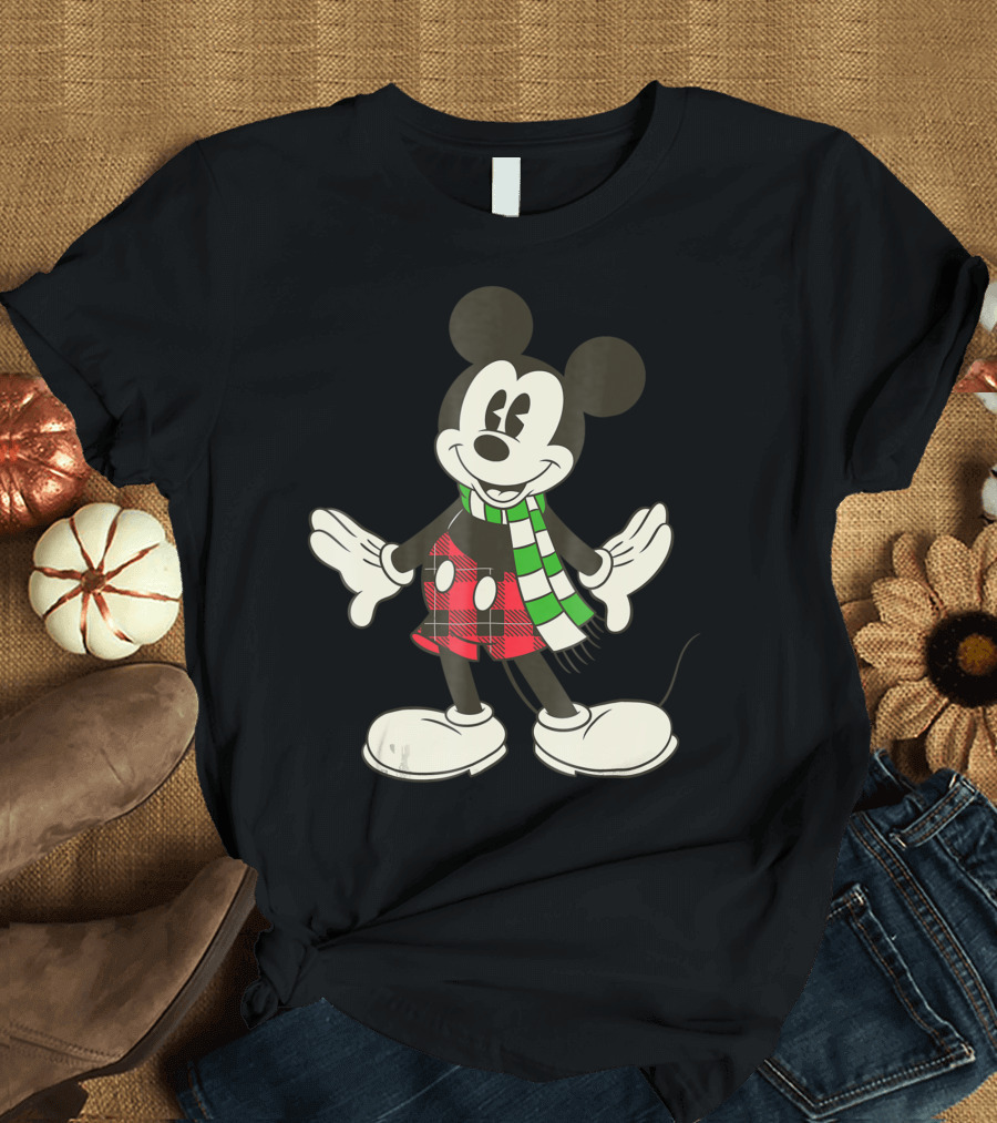 Disney Vintage Mickey Mouse Holiday Plaid Scarf 8J T-Shirt