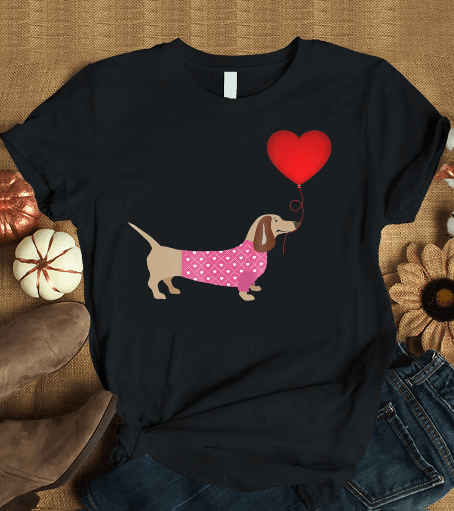 Valentines Wiener Dachshund Doxie with Heart Balloon in Dog Dress T-Shirt