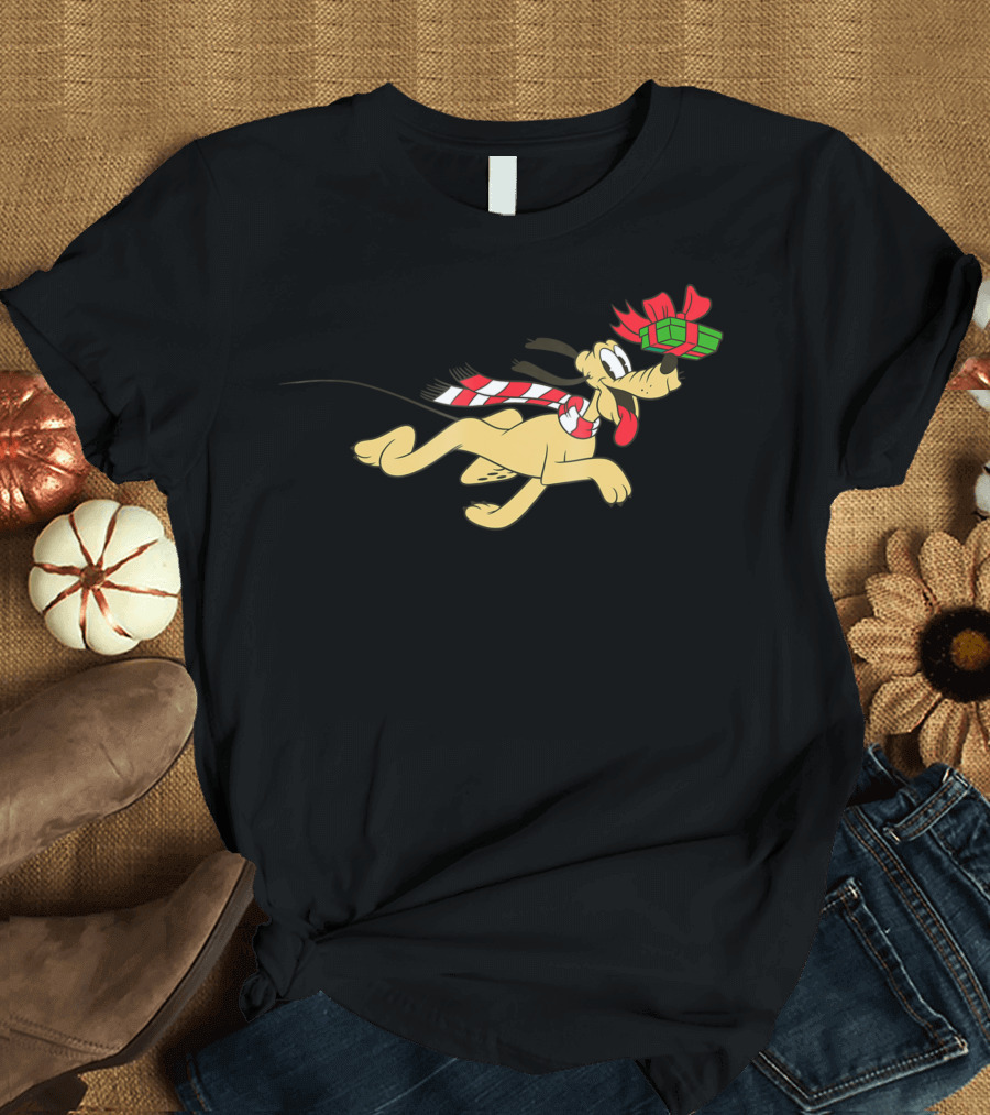 Disney Vintage Pluto Festive Running with Presents and Scarf T-Shirt