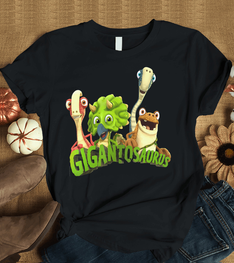 Gigantosaurus with Four Smiling Cartoon Dinosaurs T-Shirt