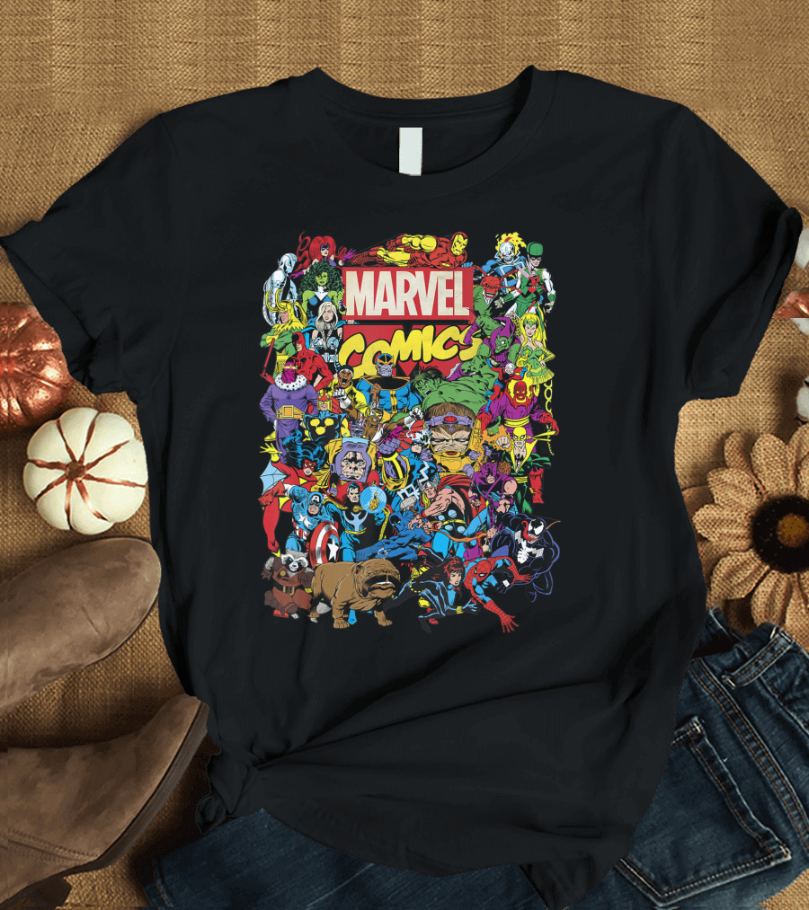 Marvel Comics Heroes Group Shot Featuring Iconic Characters and Villains T-Shirt