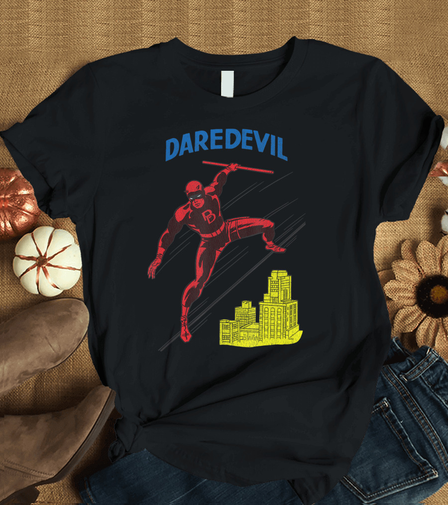 Marvel Daredevil Leaping With Billy Club Over Cityscape T-Shirt