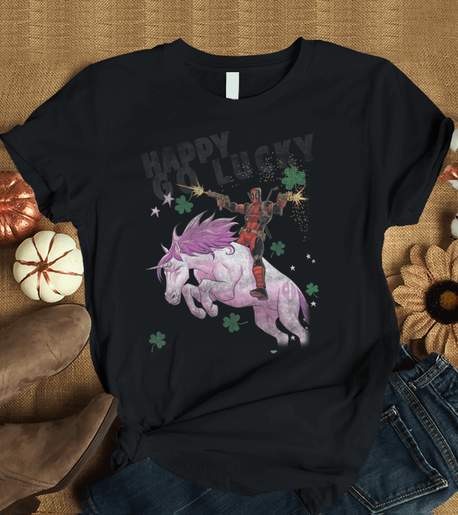 Deadpool Riding Unicorn Happy Go Lucky Clover Marvel T-Shirt