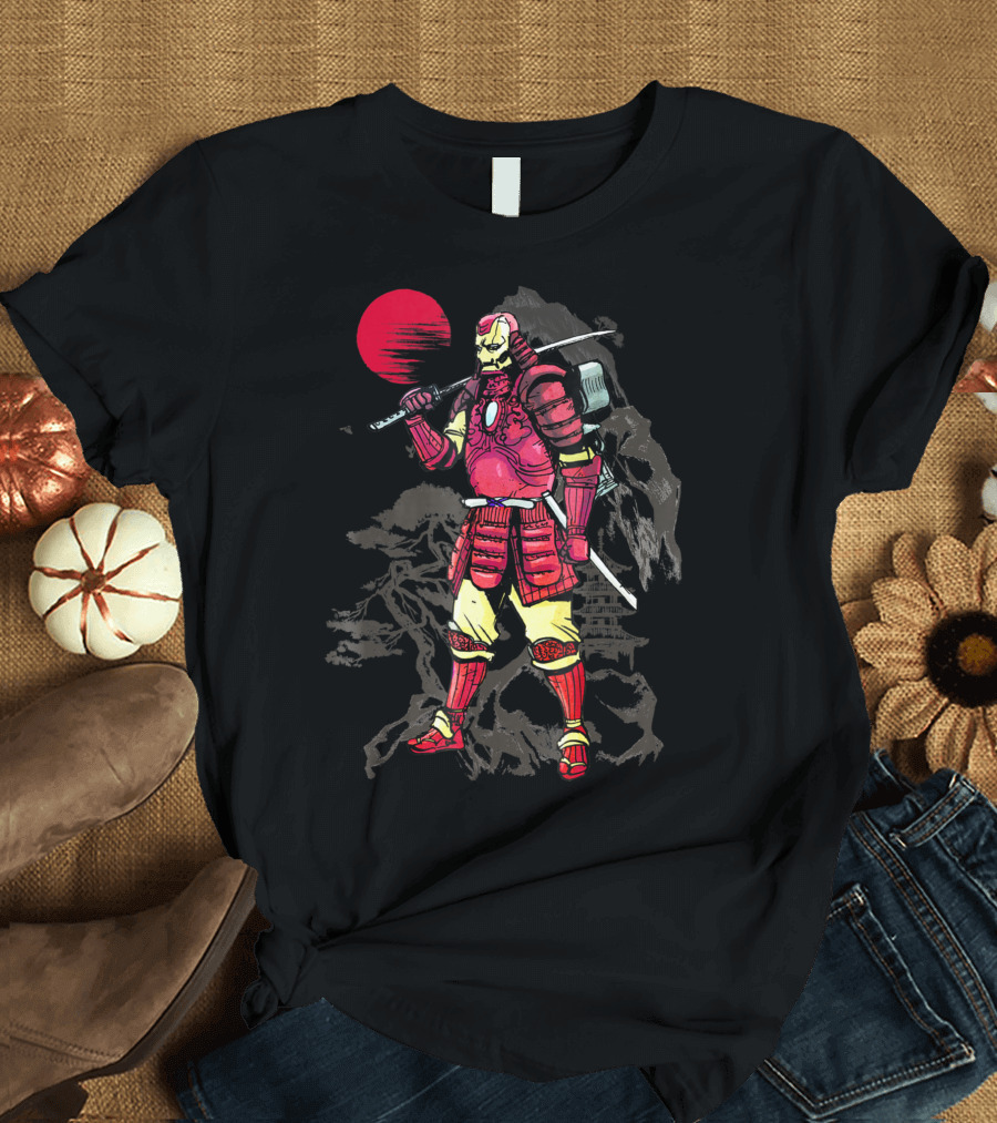 Marvel Iron Man Samurai with Sword in Front of Mountain and Red Sunset T-Shirt