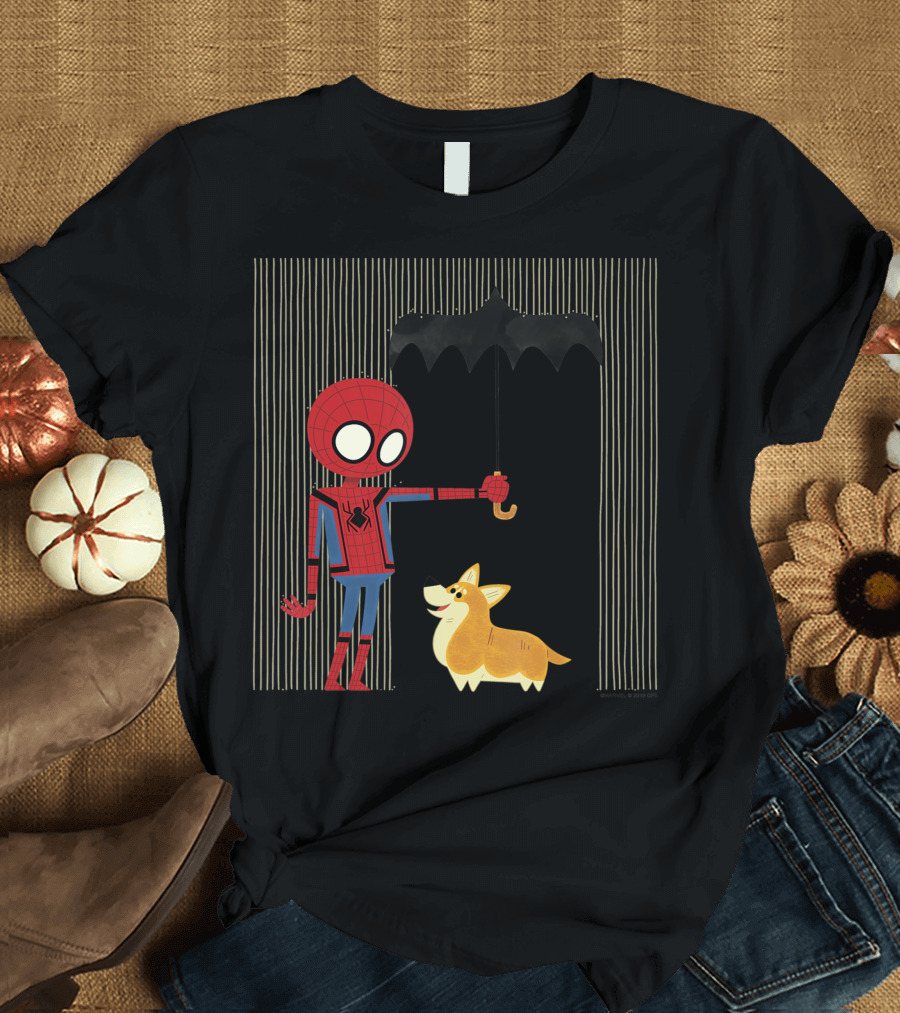 Marvel Spider Man Far From Home Holding Umbrella Over Corgi In The Rain T-Shirt