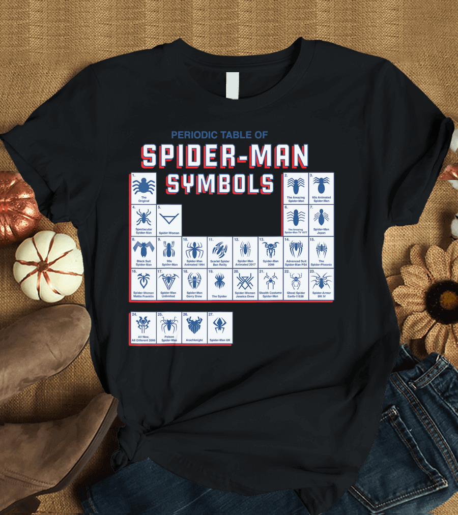 Periodic Table of Spider-Man Symbols Featuring Original Scarlet and Iron Variants T-Shirt