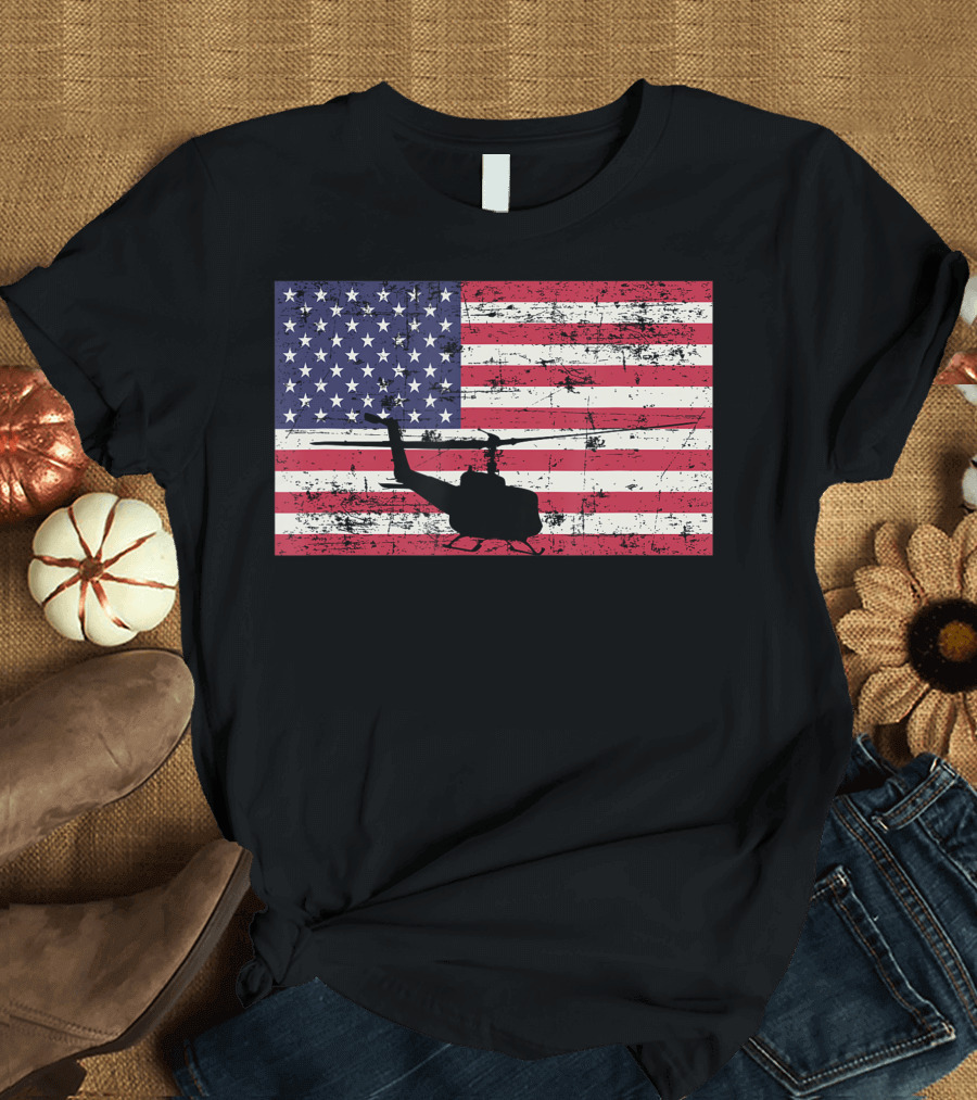 Bell UH-1 Huey American Flag USA Helicopter Patriotic T-Shirt