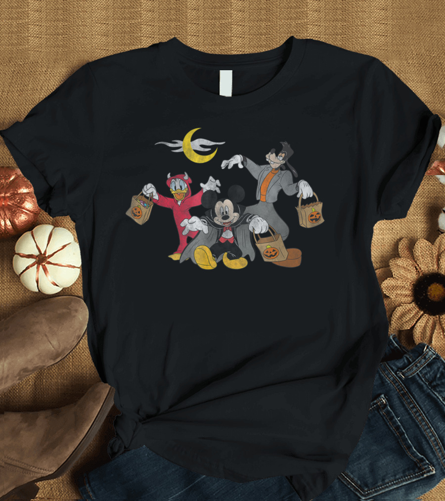 Disney Mickey Goofy Donald Halloween Squad Moon Pumpkin Bags Costume T-Shirt