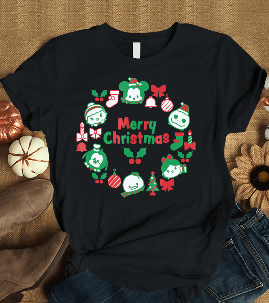 Merry Christmas Disney Tsum Tsum Character Wreath Holiday T-Shirt
