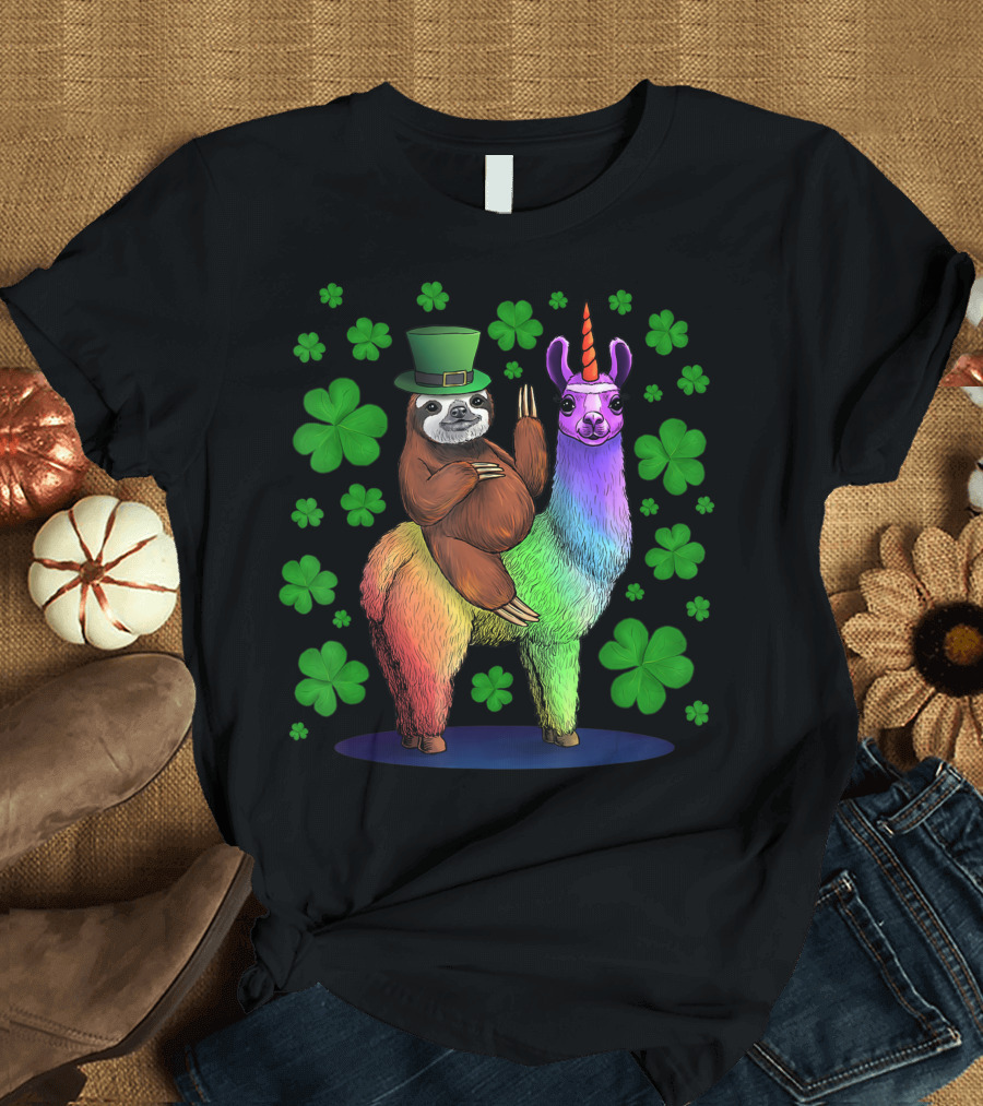 Leprechaun Sloth on Rainbow Llama Unicorn St Patricks Day Clover Background T-Shirt