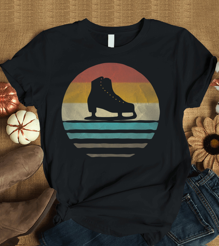Retro Vintage Ice Skating Silhouette with Striped Sunset Background T-Shirt