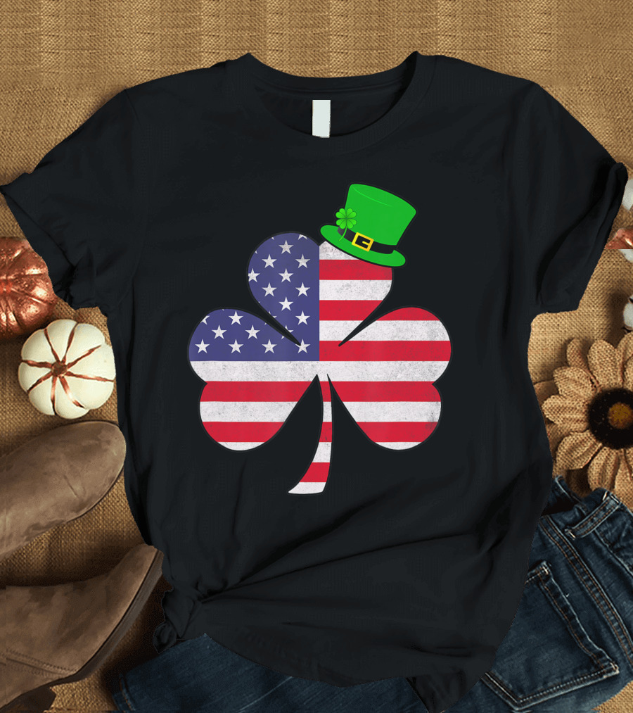St Patricks Day Irish American Flag Leprechaun Hat Shamrock T-Shirt