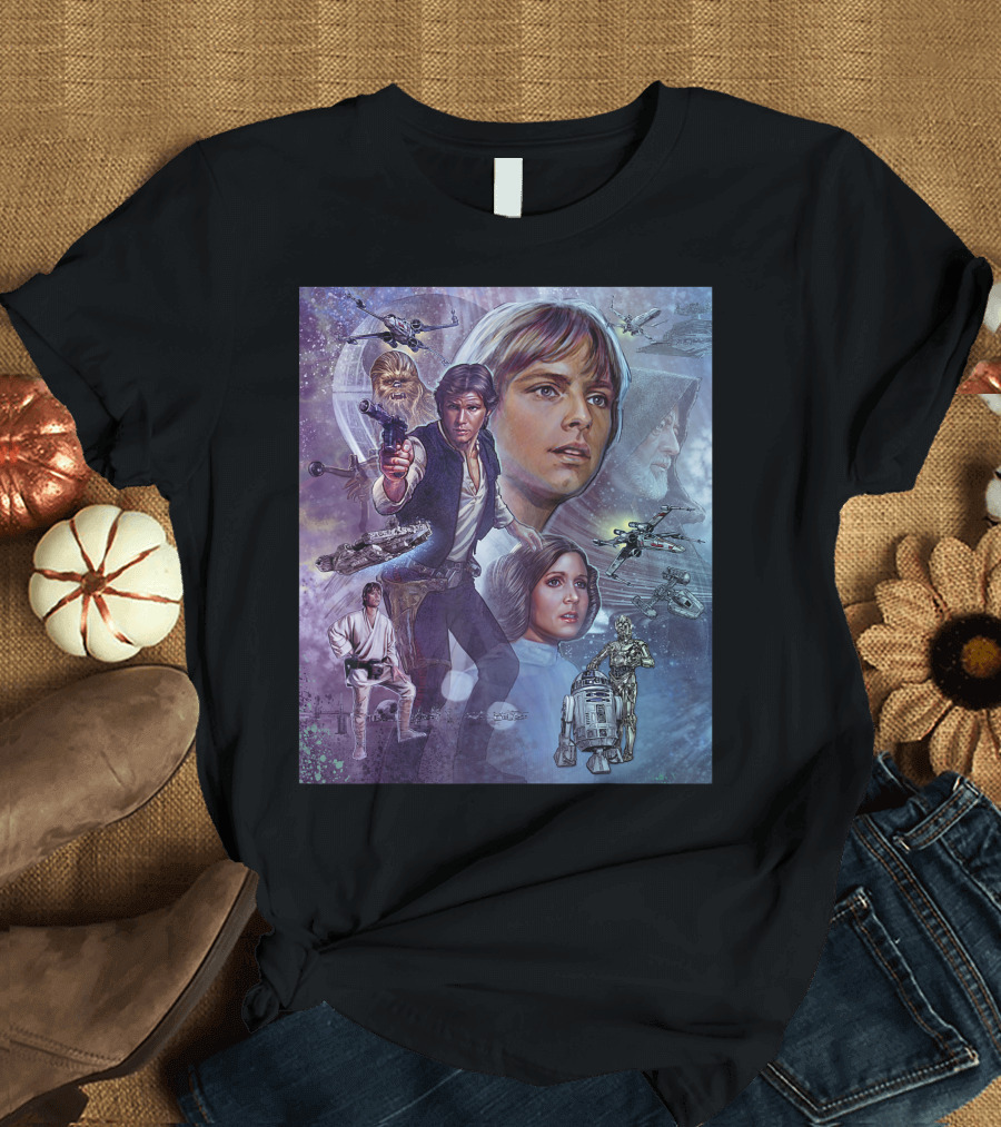 Star Wars Celebration Mural A New Hope Luke Skywalker Han Solo Princess Leia Chewbacca R2-D2 C-3PO Obi-Wan Kenobi X-Wing Millennium Falcon T-Shirt