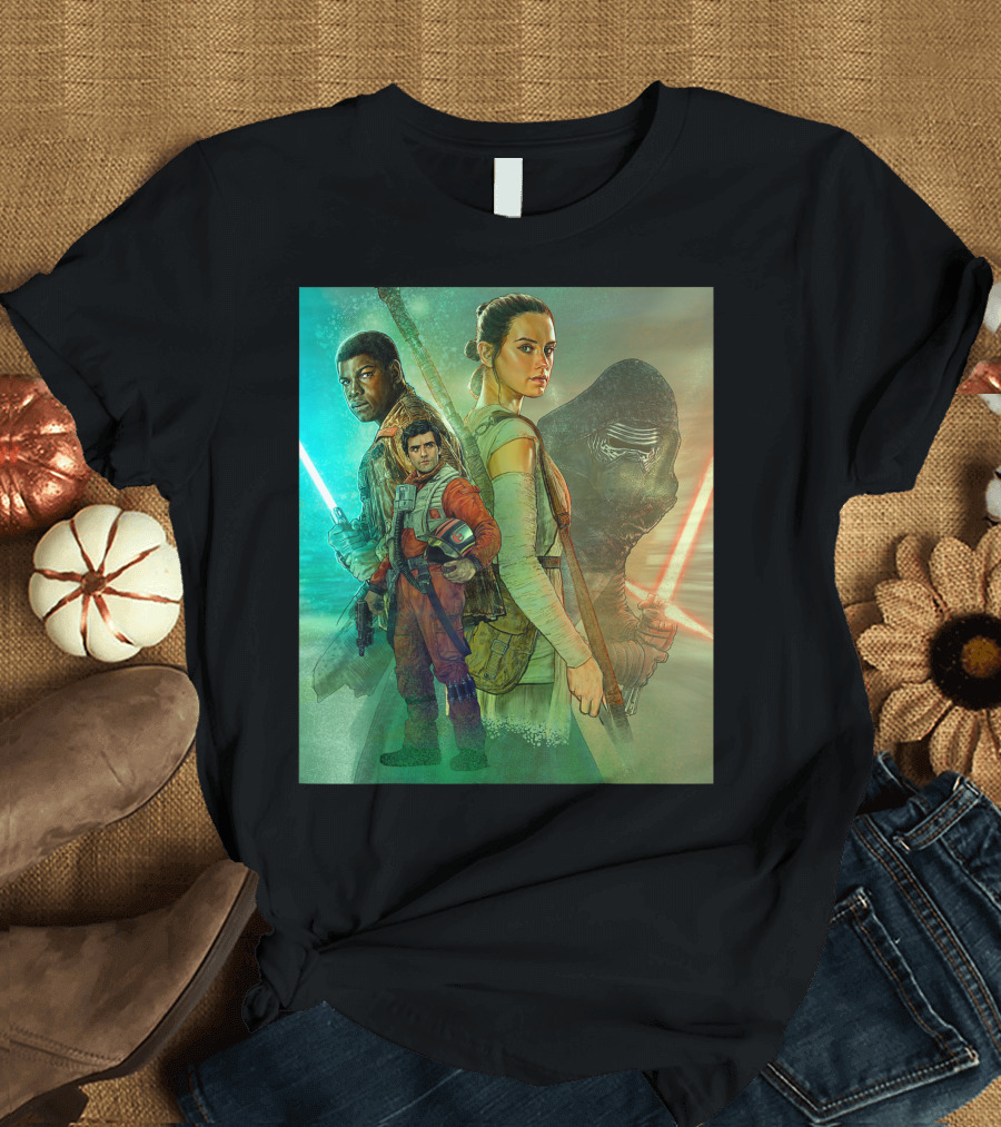 Star Wars The Force Awakens Celebration Mural with Characters and Lightsabers T-Shirt