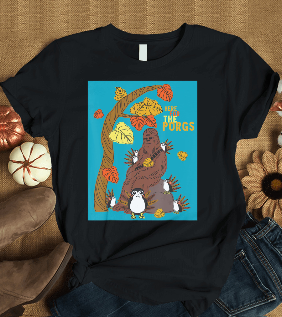 Star Wars Chewbacca With Porgs Under Autumn Tree Here For The Porgs T-Shirt