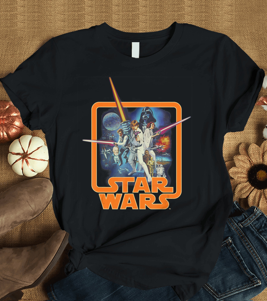 Star Wars A New Hope Classic Movie Scene with Iconic Characters and Space Battle T-Shirt