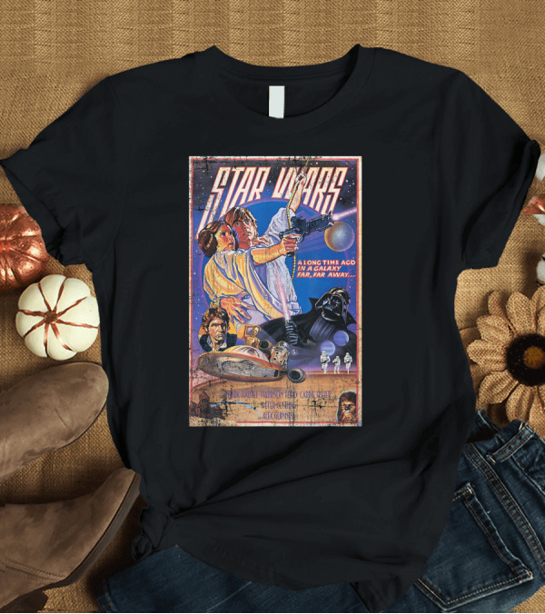 T-Shirt: Star Wars A Long Time Ago in a Galaxy Far Far Away Vintage Movie Poster Classic Mark Hamill Harrison Ford Carrie Fisher T-Shirt Star Wars A Long Time Ago in a Galaxy Far Far Away Vintage Movie Poster Classic Mark Hamill Harrison Ford Carrie Fisher T-Shirt