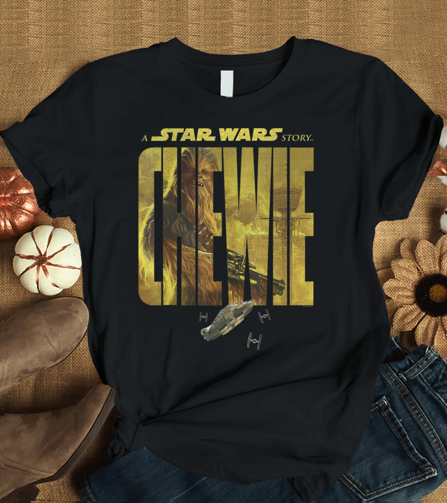 A Star Wars Story Chewie with Millennium Falcon and TIE Fighters T-Shirt