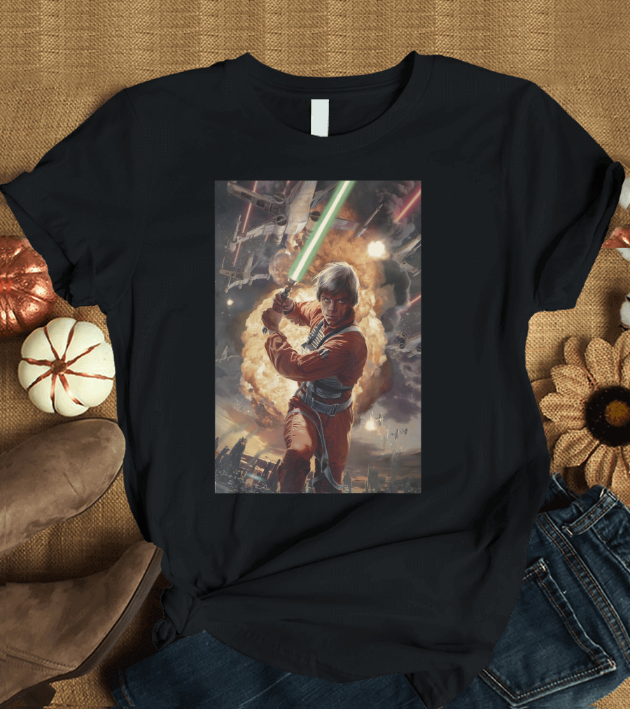 Star Wars Luke Skywalker Epic Battle Scene with Explosions and Starfighters T-Shirt