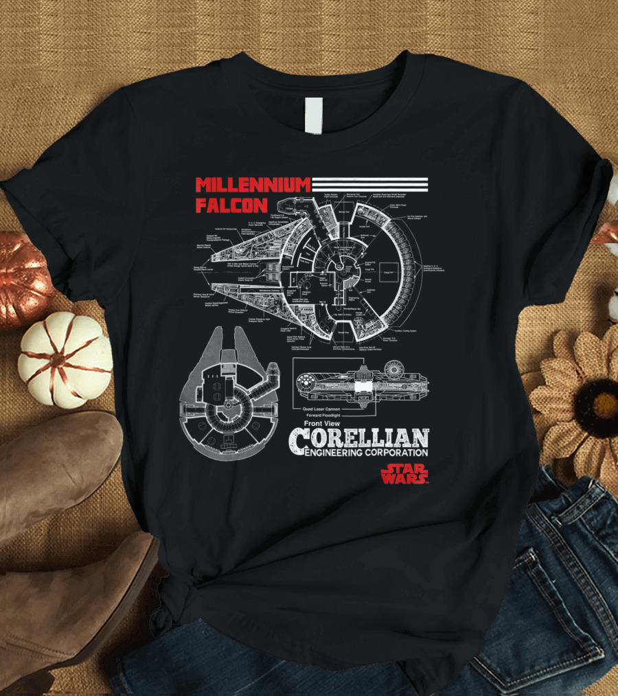 Millennium Falcon Corellian Engineering Corporation Blueprint Front View Star Wars T-Shirt